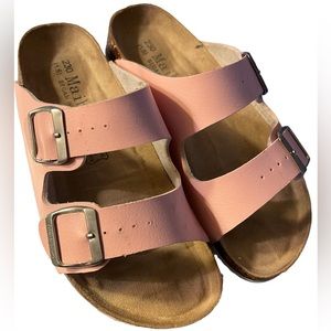 MAIBULUN | PINK DOUBLE-BUCKLE WIDE-STRAP LEATHER SANDALS